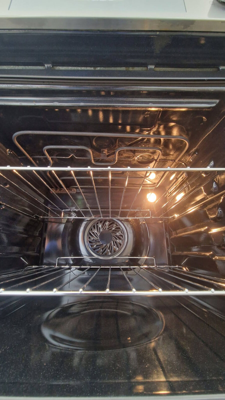 Customer oven after Kevin's clean, showing polished racks and glass